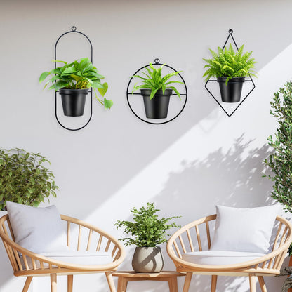 HemePaha Geometric Wall Planters for Indoor Plants Set of 3 Black Metal Wall Mounted Plant Holder (Diamond & Oval & Round Shapes) with 5 Inch Flower Pots, Modern Hanging Planters for Indoor Decor