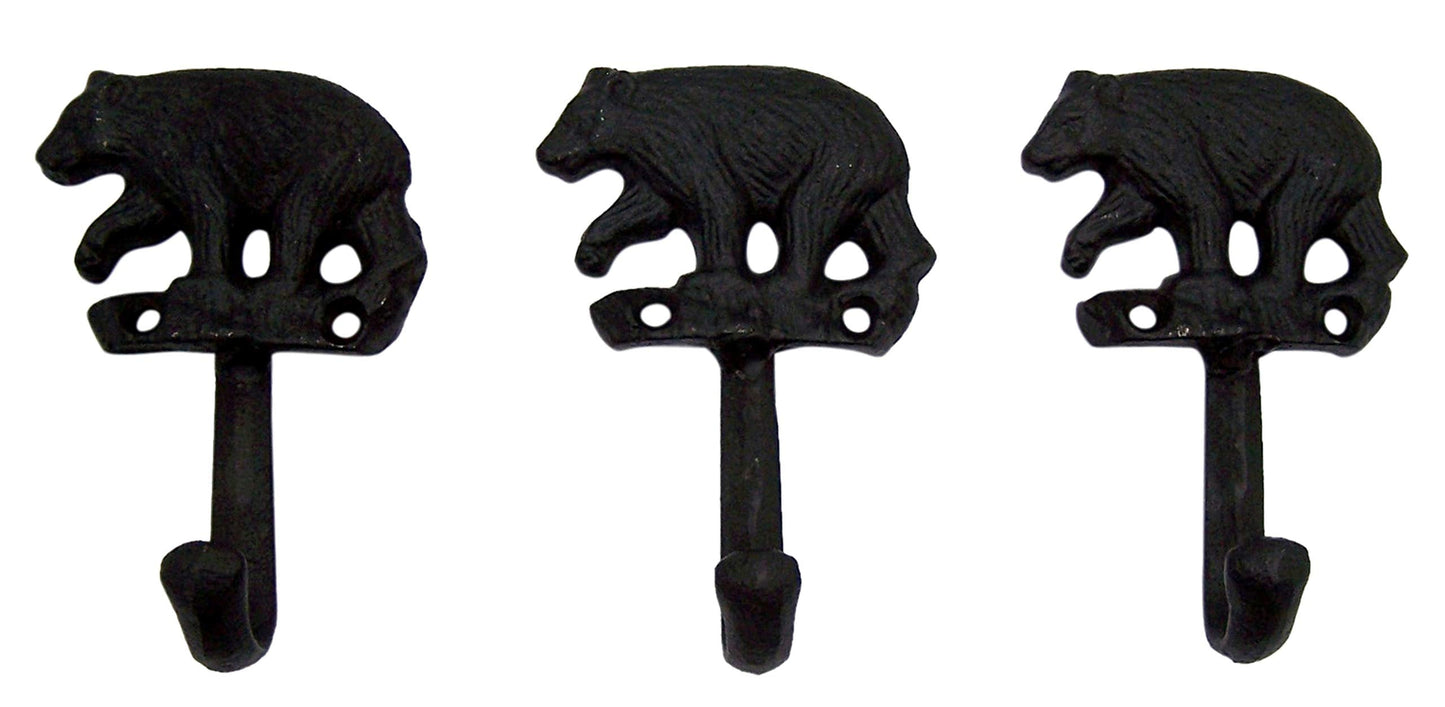 Wowser Rustic Black Bear Cast Iron Wall Hooks, Set of 3, 5 Inches