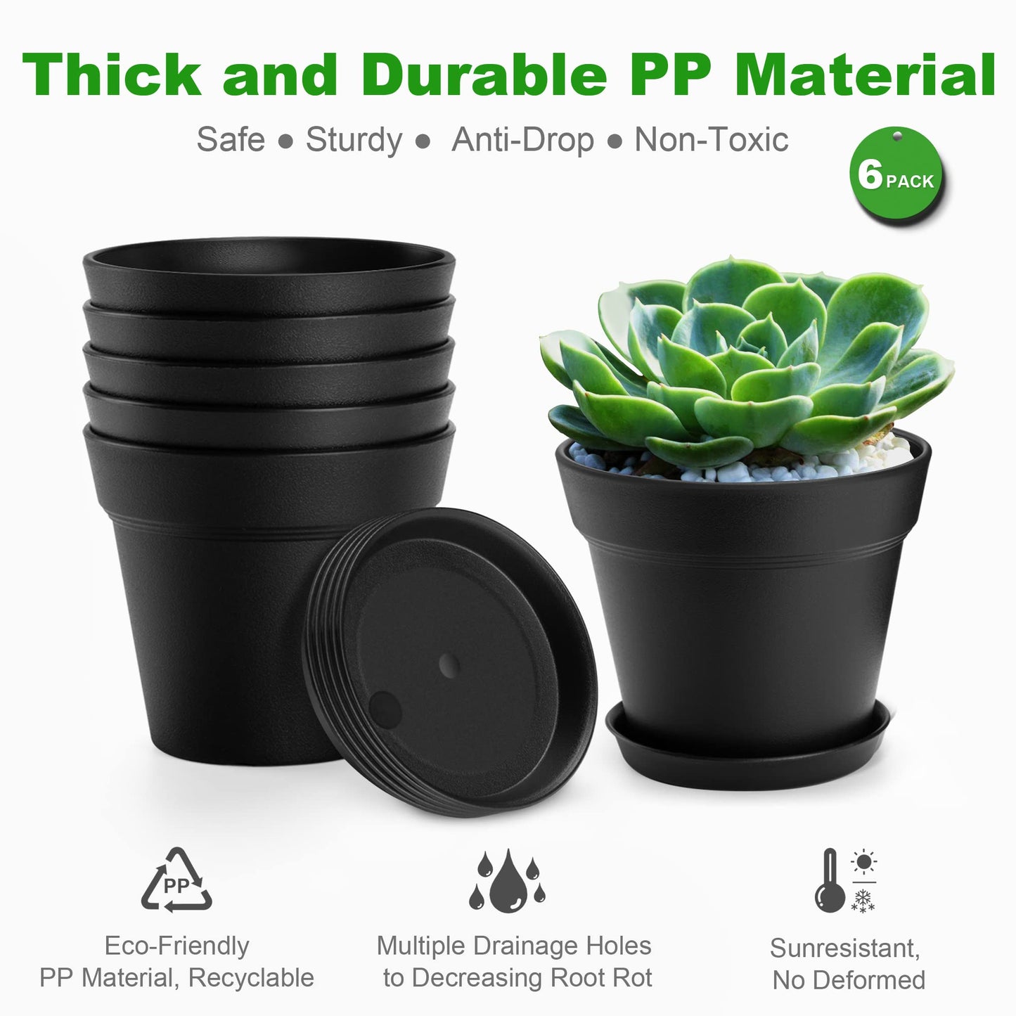 FHWTY 6 Pack 4in Plastic Plant Pots Black & 6 Pack 4in Plastic Plant Pots Terracotta