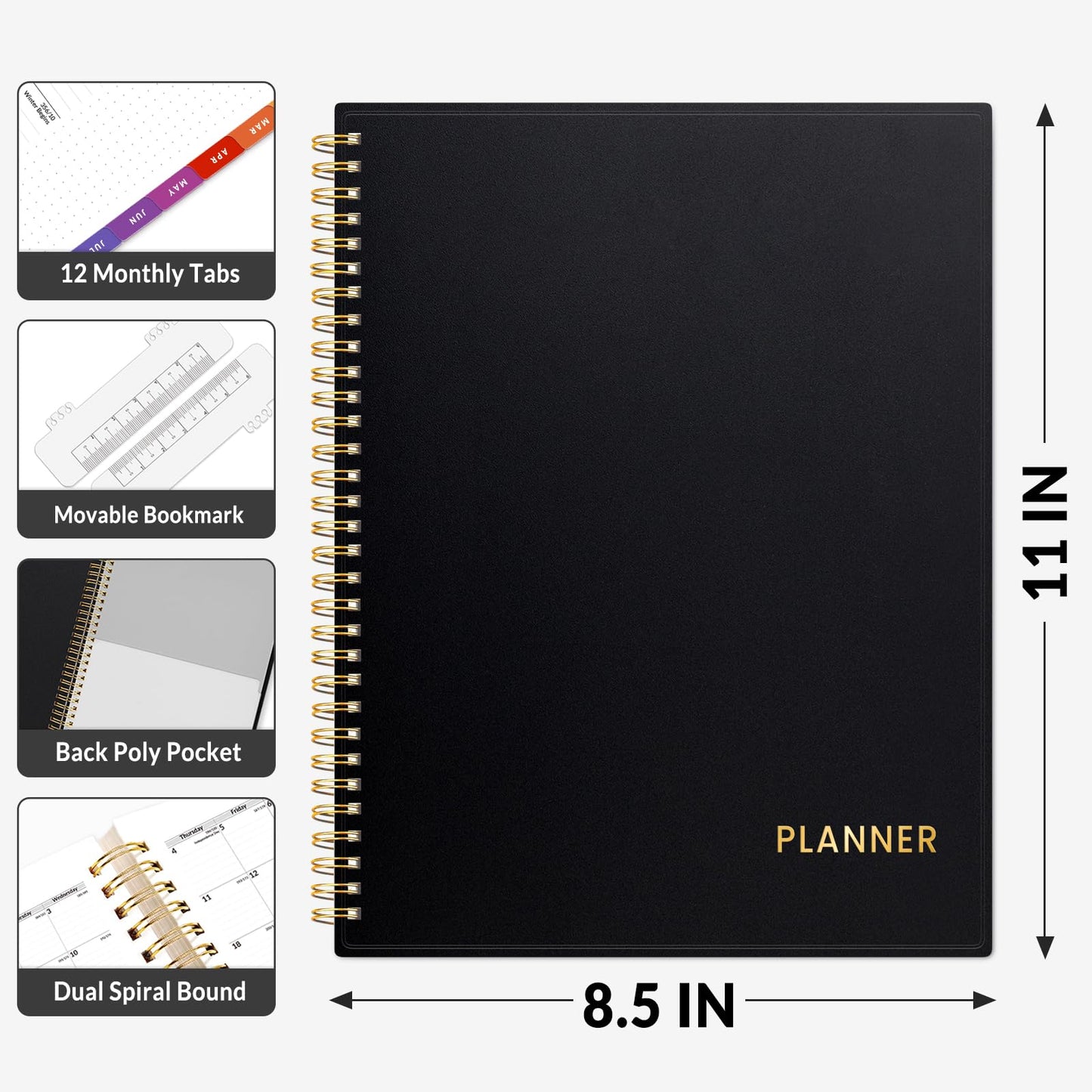 SUNEE Academic Planner 2026-2027 – Weekly & Monthly Planner, July 2026 to June 2027, 8.5"x11", Thick Paper, Tabs, Pockets, Bookmark, Spiral-Bound, Student Teacher Organizer, Black