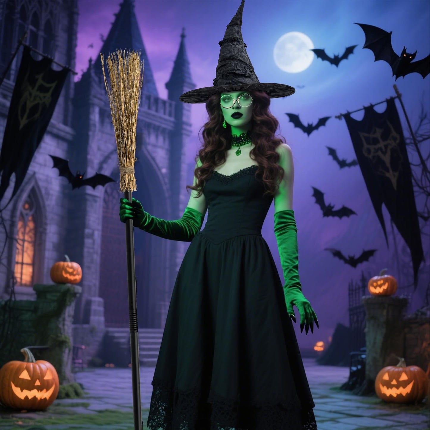 Hlimior 4 Pcs Halloween Witch Costume Set Include Black Witch Hat Broomstick Green Claw Gloves & Glasses,Halloween Costume Accessories for Women Cosplay & Party Fun