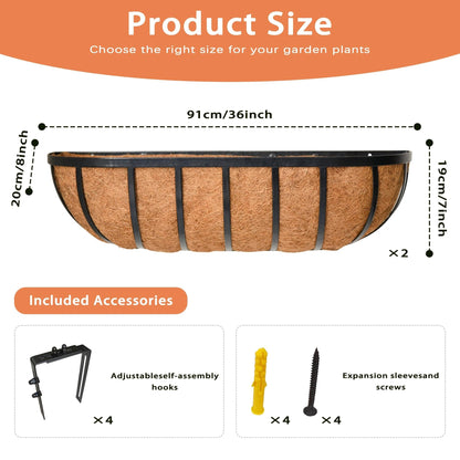 ZVOWOS 2 Pack 36" Railing Planter Window Box with Coco Fiber Liner Horse Trough Planter The Railing Planter Boxes for Deck Porch Fence Outdoor