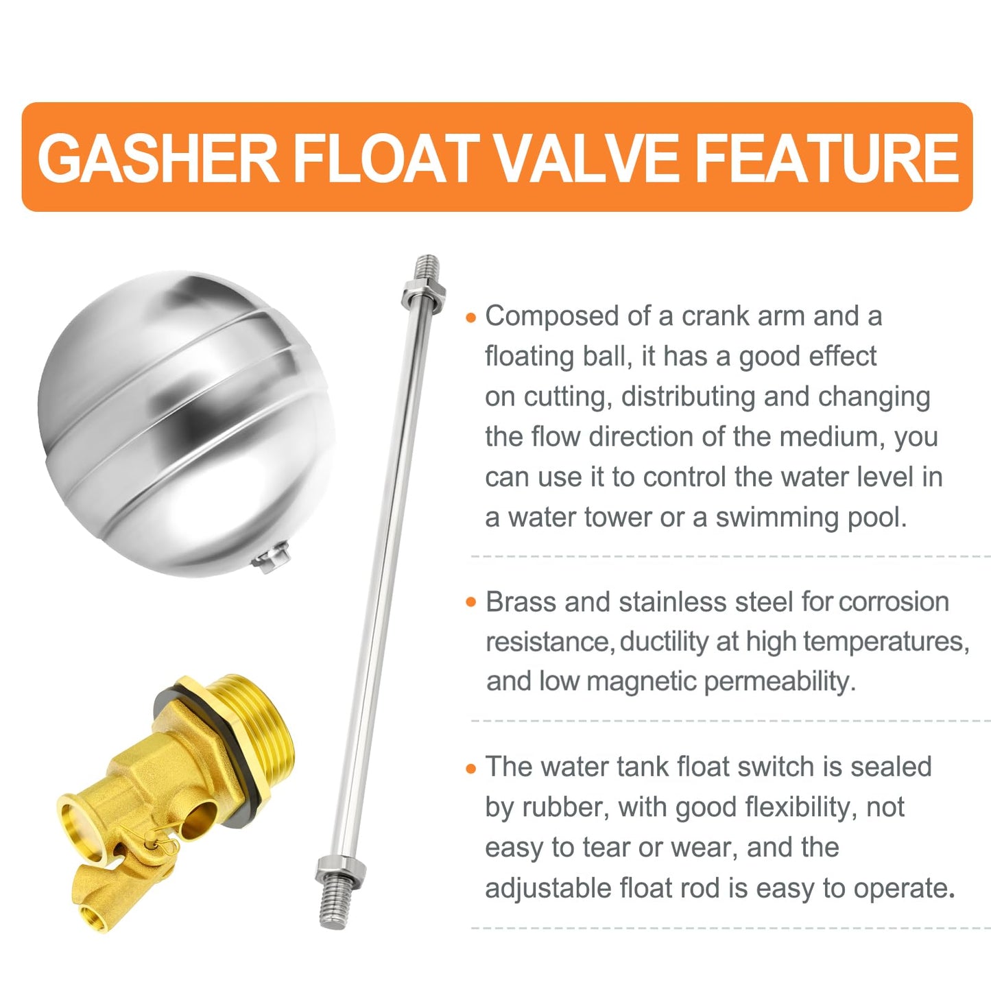 GASHER 1PCS 1" 304 Stainless Steel Float Ball Valve with 1"G Female x 1"NPT Male Adapter, DN25 Adjustable Water Tank Float Ball Valve for Stock Tank Pool Water Level Control