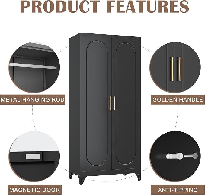 SteeLoong 71" Metal Armoire Wardrobe Closet with Doors,Tall Clothing Storage Cabinet with Adjustable Shelves and Hanging Rod,Black Wardrobe Closet for Bedroom,Home,Office,Gym