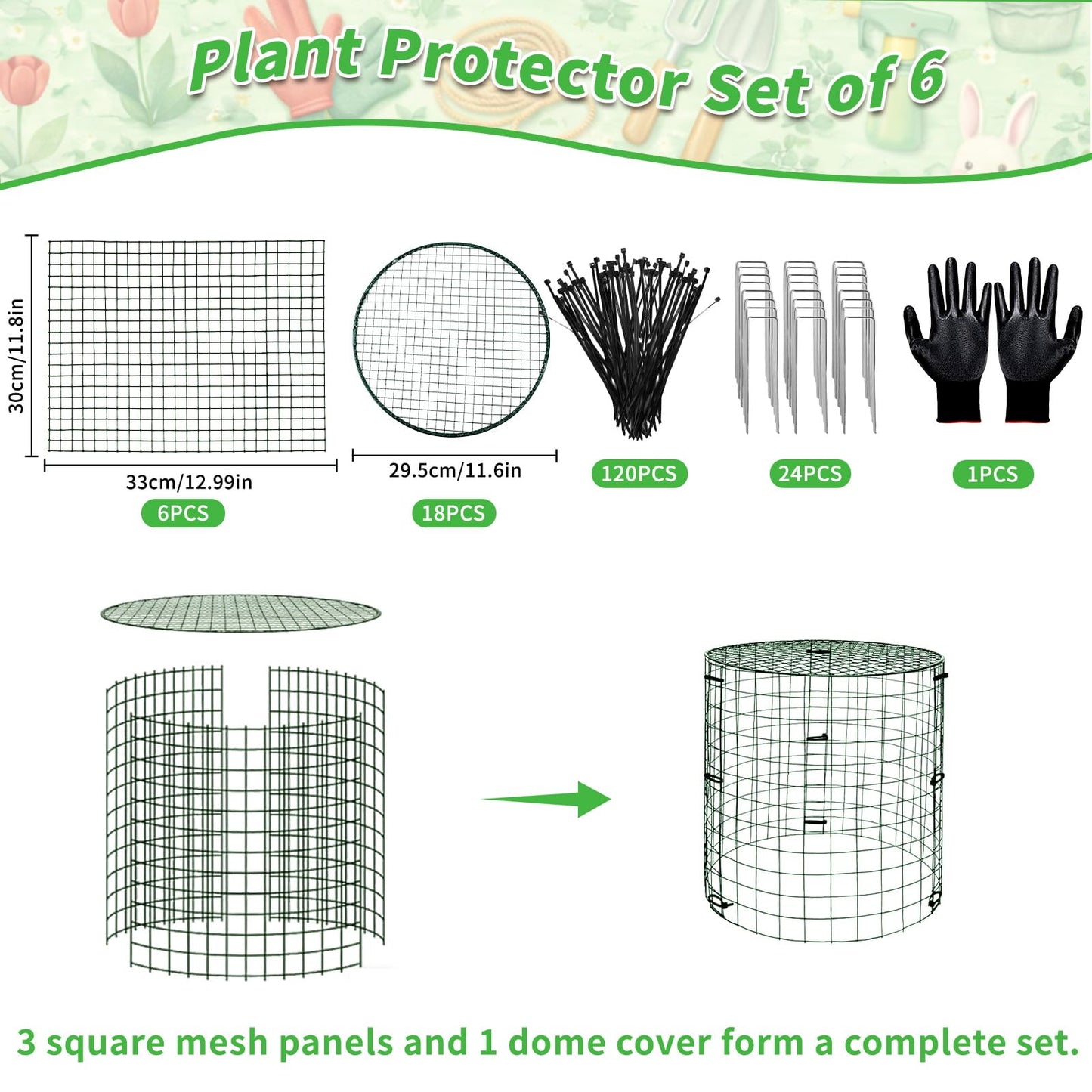 PREUVEDE 6 Pack Dark Green Plant Protectors, 11.8×11.8in Round Wire Garden Fence Cage with Lid, Animal-Proof Mesh Plant Covers for Rabbits, Squirrels & Pets, Stakes, Zip Ties & Gloves Included