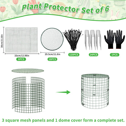 PREUVEDE 6 Pack Dark Green Plant Protectors, 11.8×11.8in Round Wire Garden Fence Cage with Lid, Animal-Proof Mesh Plant Covers for Rabbits, Squirrels & Pets, Stakes, Zip Ties & Gloves Included