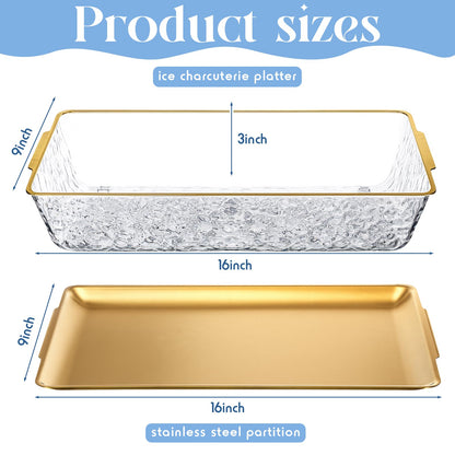 Baderke 1 Set 16" x 9'' Chilled Serving Tray for Parties with Compartments Rectangle Serving Dish Ice Charcuterie Party Platter for Shrimp Fruit Seafood Vegetable Appetizer (Gold)