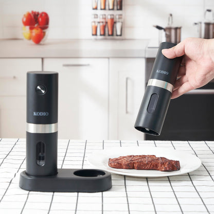 Electric Salt and Pepper Grinder Set, Rechargeable Base, Automatic Salt & Pepper Mill Refillable with USB Cables, Salt and Pepper Shakers, LED Light, One Hand Operation, 2 Adjustable Coarseness Mills