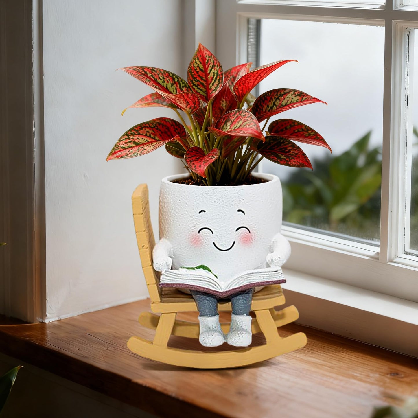 Toparad Smily Face Rocking Chair Reading Book Planter Pots, Cute Resin Flower Head Succulent Planters for Indoor Plants, Gift IdeaI for Mother Christmas Birthday with Drainage Hole