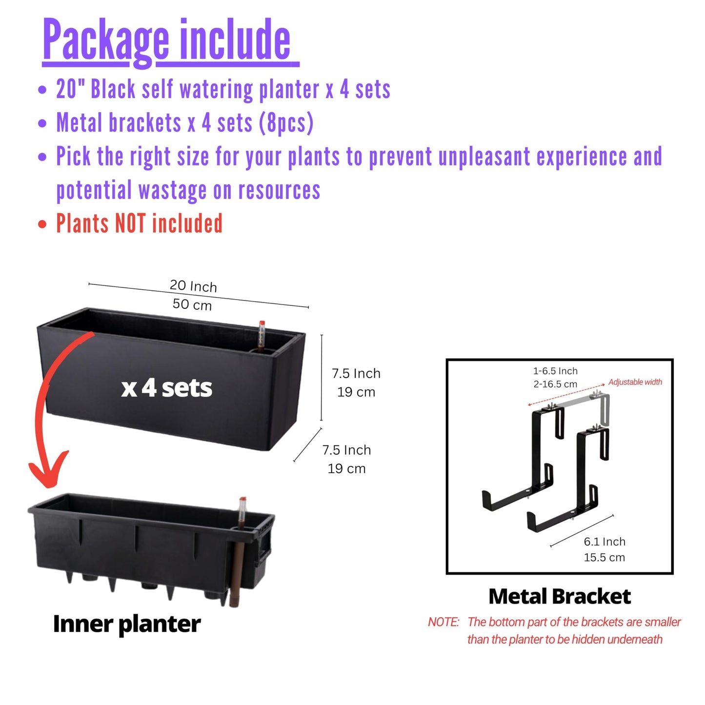 LaLaGreen Deck Railing Planter Box (20 Inch, 4 Pack) Black Rectangular Window Flower Boxes with Bracket, Self Watering System Hanging Planter Box for Outdoor Plant Container Herb Rail Fence Balcony