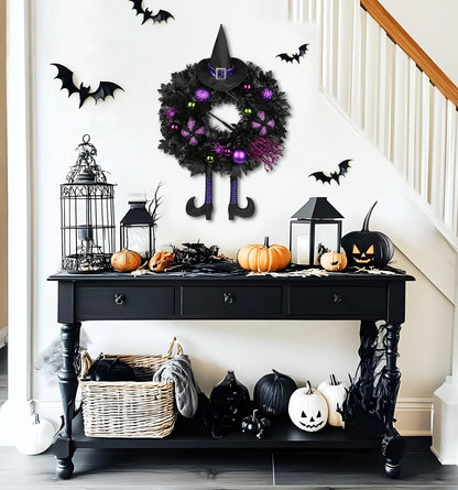 Halloween Wreath for Front Door 26" Tinsel Black Witch Wreath with Hat Legs and Purple Pumpkin for Fall Autumn Indoor Window Door Thanksgiving Halloween Decorations