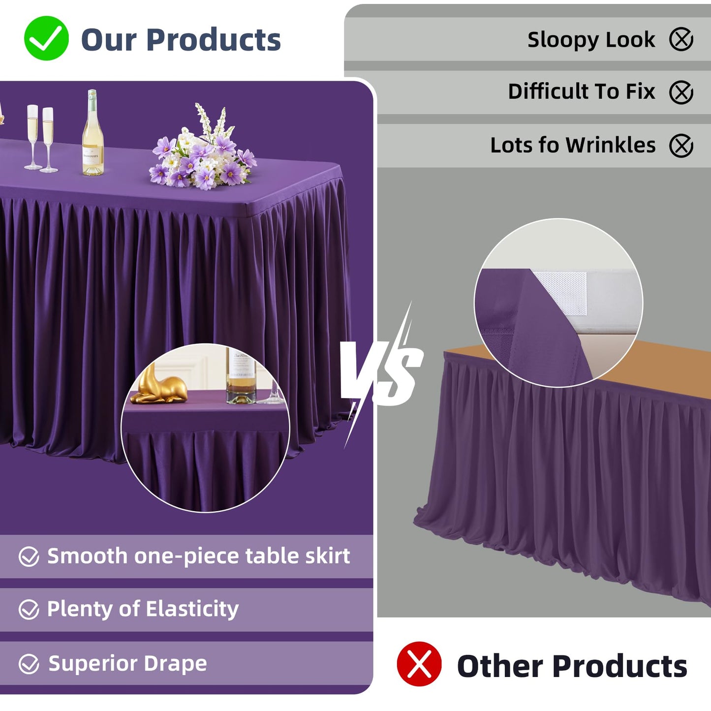 PARTISKY 2 Pack Purple Tablecloths for Rectangle Tables 6ft, Wrinkle Resistant Spandex Table Cover Fitted Stretch Table Cloth with Pleated Ruffle Skirts for Party Banquet Dining Birthday Wedding