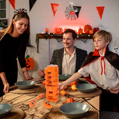 COCHIE Halloween Game for Family Adults, Wooden J-O-Lantern Blocks Stacking Tower Games, Tumbling Tower Balancing Pumpkin Blocks Halloween Party Game Activities Gifts (Pumpkins)