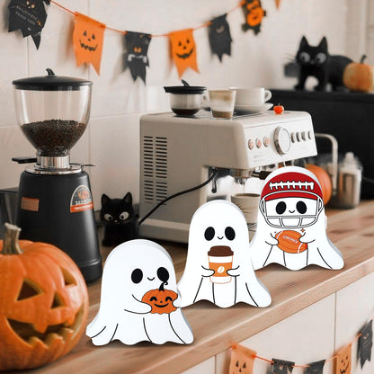 Geelin 3 Pcs Halloween Coffee Bar Ghost Decor Cute Halloween Kitchen Decorations Coffee Bar Wooden Tiered Tray Table Sign Football Pumpkin Tabletop Centerpiece for Home Office Freshly Shelf Display