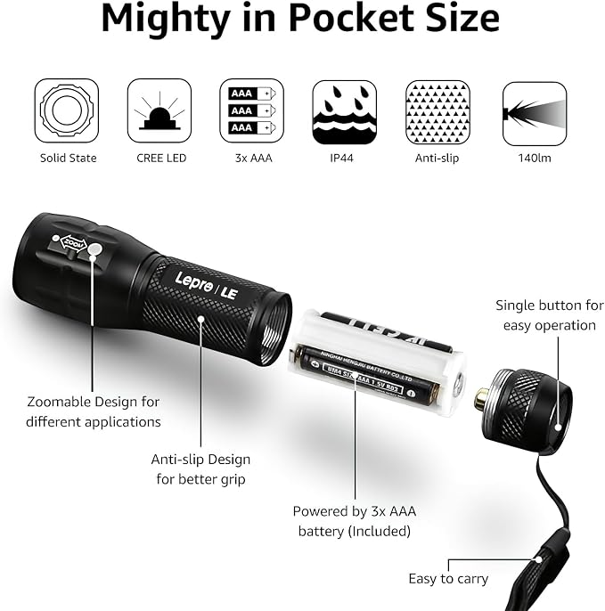 Lighting EVER LED Flashlights High Lumens, Small Flashlight, Waterproof, Adjustable Focus Flash Light for Outdoor, Emergency, Camping, AAA Batteries Included, 4 Pack