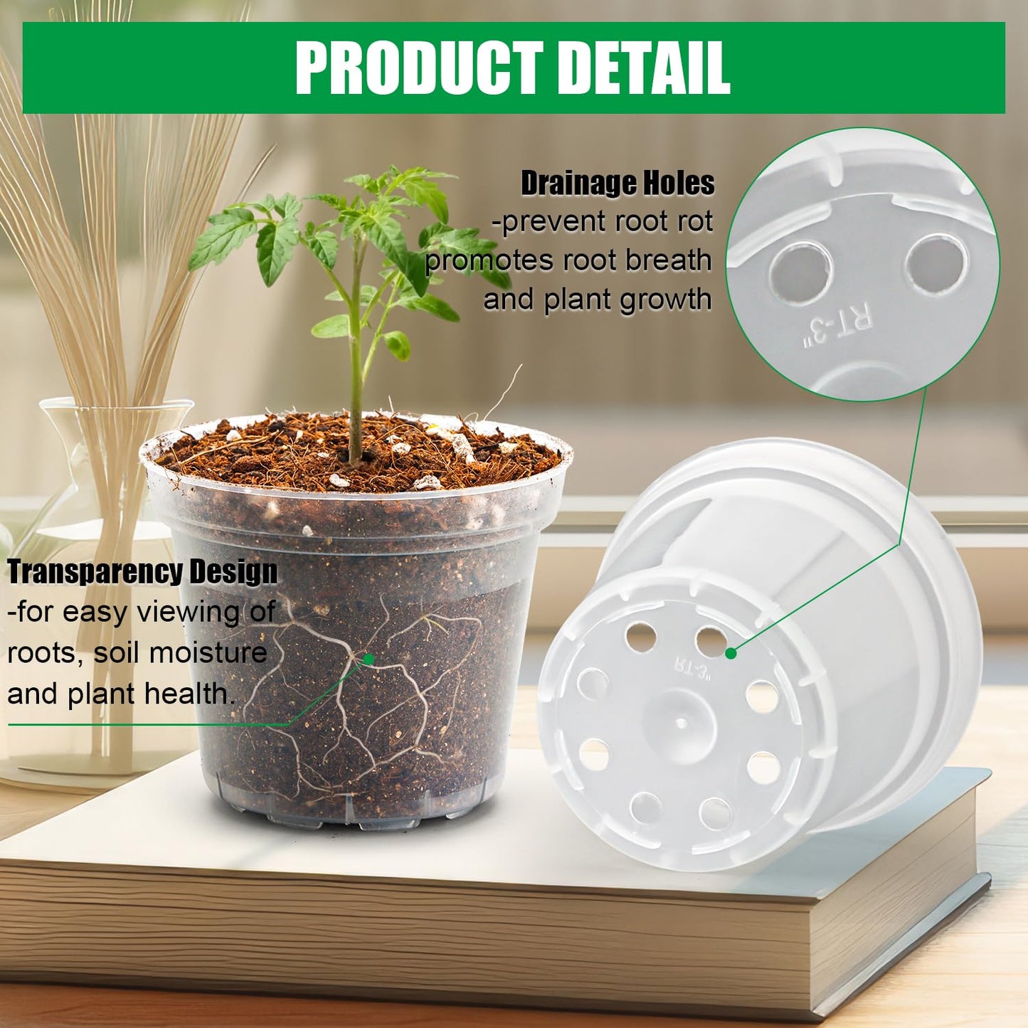 BTPLASTIK 50 Pack 3 Inch Clear Nursery Pots with Drainage Hole, Small Transparent Seed Starter Pots, Sturdy Plastic Plant Pot for Planting Seedlings Vegetables Flowers (3Inch-50P)