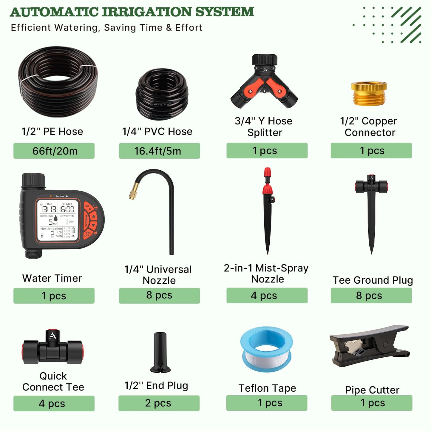 A ANLEOLIFE 82.4FT Automatic Drip Irrigation Kit with Water Timer, 8 Programs & LCD, Quick-Connect System, 1/2" Mainline + 1/4" Tubing, 360° Bendable Nozzles for Raised Beds, Garden & Greenhouse