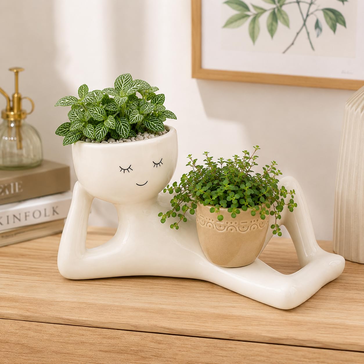 zhydrl Lazy Guy Planter - Resin Pot with Drainage Holes Cute Lying Down Smiling Figure for Succulents & Cacti, Unique Home Garden Decor Gift Idea for Indoor Outdoor Use