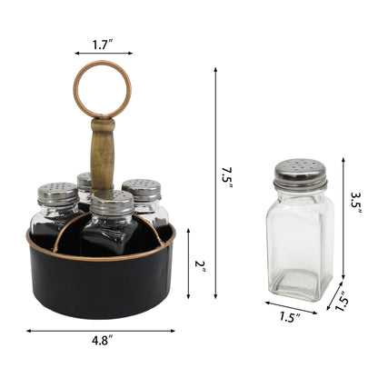 ZNCO Metal Round Salt, Pepper and Toothpick Caddy with Wooden Handle, Glass Shakers Set, Rustic Vintage Style, Black