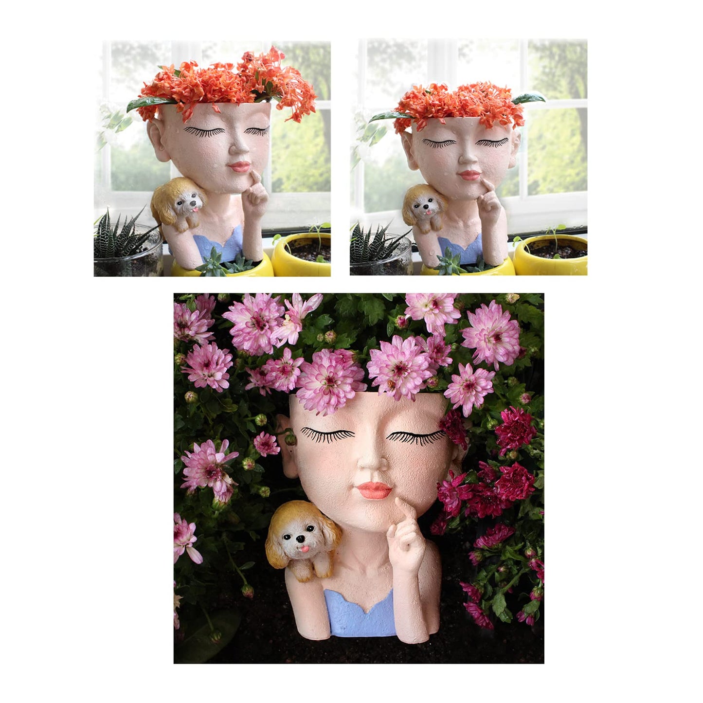 KOCNYDEY Face Flower Pot Cute Girl and Dog Planter Resin Lady face Head Planter Pot Closed Eyes Planter Pot with Drainage Hole Succulent Planter Pot for Plants Flower Cactus Garden Indoor Outdoor