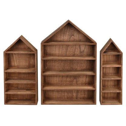 Ikee Design 3 Pcs Set House-Shaped Shelf Wooden Shadow Cubby Box Display Shelf Organizer Storage Display Shadow Box for Mini Figures,15 Compartments, Brown Color
