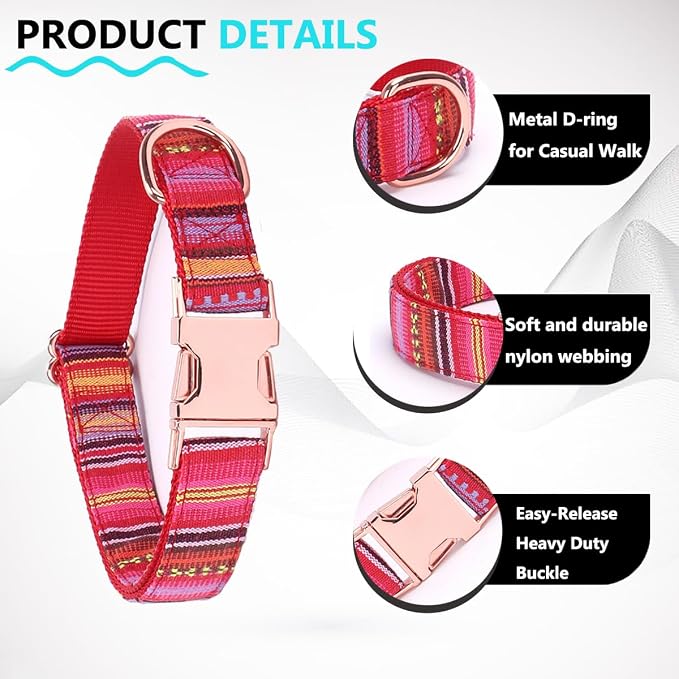 Dog Collar and Leash Set for Dogs Walking Bohemia Ethnic Style | Soft Durable Nylon Adjustable Collar with Metal Buckle 5ft Matching Leash with Padded Handle for Small Medium Large Dogs
