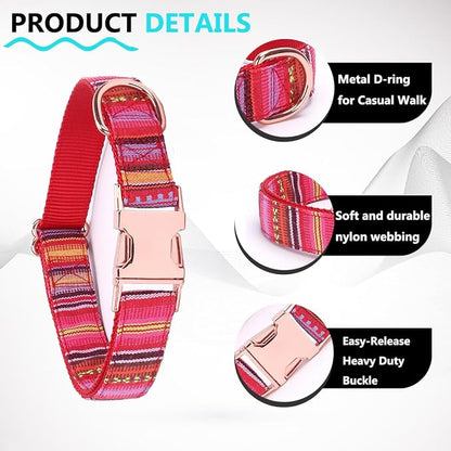 Dog Collar and Leash Set for Dogs Walking Bohemia Ethnic Style | Soft Durable Nylon Adjustable Collar with Metal Buckle 5ft Matching Leash with Padded Handle for Small Medium Large Dogs
