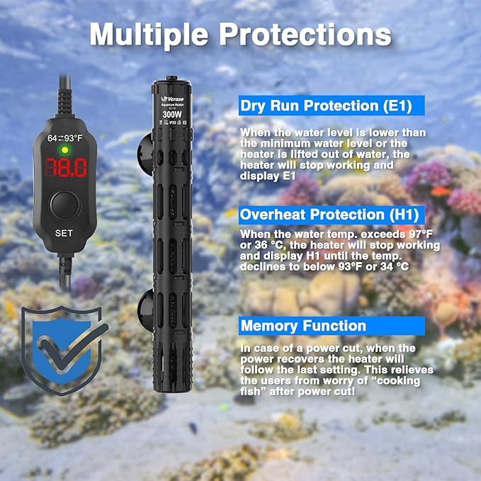 Aquarium Heater 300W, Submersible Fish Tank Heater with LED Digital Display, Auto Power-Off When Leaving Water & High Temp Protection, for Fresh and Salt Water Tanks 40-75 Gal