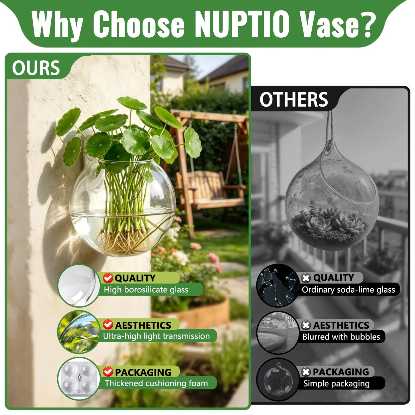 NUPTIO Wall Hanging Planter Terrarium: 4 Inch Glass Air Plant Holder 6PCS Propagation Indoor Floral Vase Flat Round Hydroponic Container Wall-Mounted Floating Pots for Bathroom Balcony Greenhouse