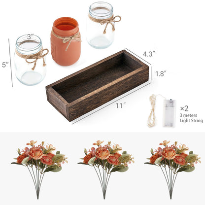 Mkono Mason Jar Lights Centerpiece Table Decor for Dining Room Farmhouse Wood Tray with 3 Jars Flowers Fall Decoration for Coffee Table Kitchen Living Room Wedding