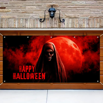 HOMETITUTE Halloween Garage Door Banner 13x6ft Grim Reaper Skeleton Blood Moon Decor Spooky Halloween Sign Horror Wall Cover Scary Door Backdrop Creepy Haunted House Outdoor