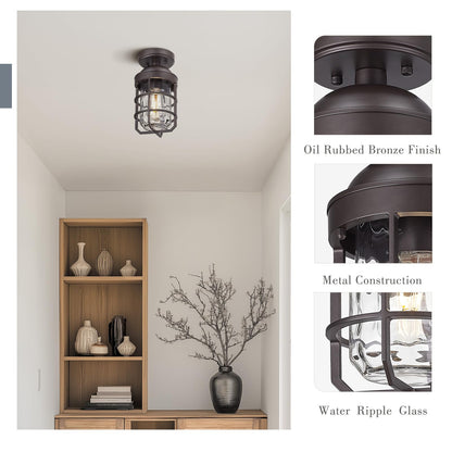Emliviar Oil Rubbed Bronze Ceiling Light Fixture, Retro 11.1in Semi Flush with Water Ripple Glass Shade, Model GE255LF ORB-WG