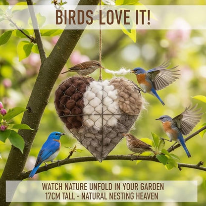Handmade Fiber Bird Nesting Heart, Refillable Birds Haven 1 Heart Shape Hummingbird Nesting and 2 Bags of Nest Materials, Winter Fowl Gifts Animal Hummingbirds Lovers Home Garden Yard(3Set)