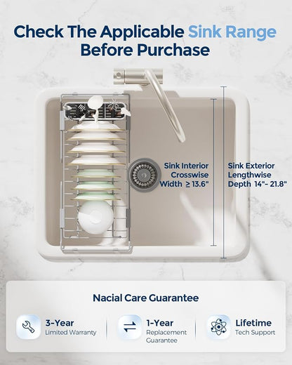 Nacial 2-in-1 Small Dish Drying Rack Fits 14''–21.8'' Sink, Dish Drainers for Kitchen Counter Extend Kitchen Sink Drain Basket with Utensil Holder & Auto-Drain Tray, Stainless Steel Plate Rack, Gris