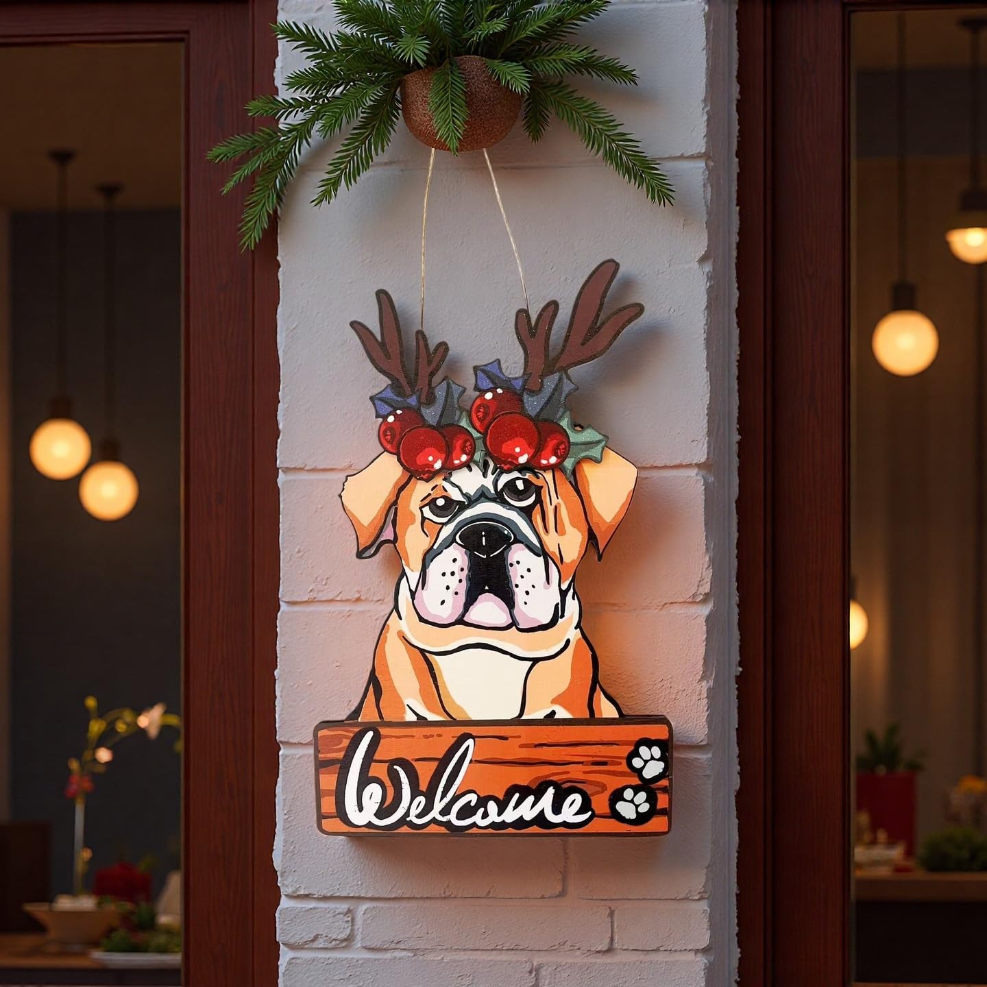 FelyHos Interchangeable Bulldog Welcome Sign, Wooden Seasonal Door Hanger with 12 Interchangeable Decorations, Cute Dog Welcome Plaque for Front Door Porch Wall, Holiday Home Decor Gift