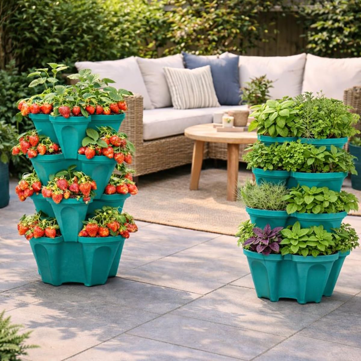 smart spring Large Vertical Planter Tower, 4 Tier Stackable Garden Planter, 16 Plant Sites, Heavy Duty Strawberry Planter, Vertical Growing System with Center Hole, Made in USA (Mineral Teal, Large)