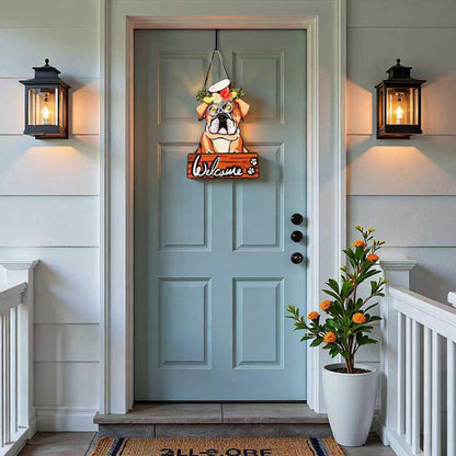 FelyHos Interchangeable Bulldog Welcome Sign, Wooden Seasonal Door Hanger with 12 Interchangeable Decorations, Cute Dog Welcome Plaque for Front Door Porch Wall, Holiday Home Decor Gift