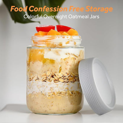 16 oz/480 ml Glass Storage Canister with Airtight Lid, 4 Pack Clear Overnight Oats Containers, Cute Decorative Mason Salad Jar for Snacks, Yogurt, Cereal, Fruit, Spice, Sugar, Coffee, Tea