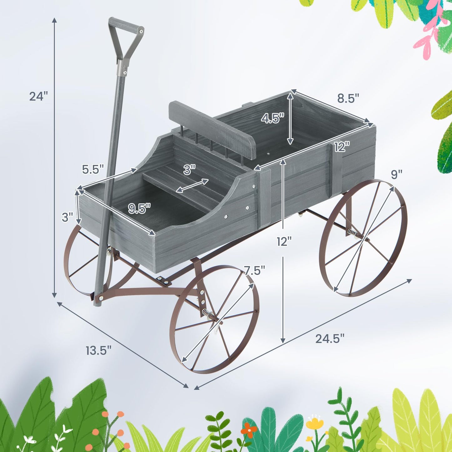 CHEFJOY Wooden Wagon Planter, Decorative Garden Wheelbarrow Planter with 2 Planting Sections, Rolling Wheels, Adjustable Handle, Small Wagon Cart Planter Stand for Flowers Vegetables Herbs (Grey)