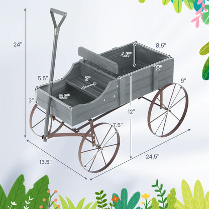 CHEFJOY Wooden Wagon Planter, Decorative Garden Wheelbarrow Planter with 2 Planting Sections, Rolling Wheels, Adjustable Handle, Small Wagon Cart Planter Stand for Flowers Vegetables Herbs (Grey)