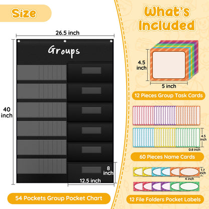 AKAYOK Small Group Pocket Chart with 84 Colorful Dry Erase Cards, Classroom Jobs Chart with 6 Pocket Wall Hanging File Folder, Pocket Chart for Classroom,Office,Home, Small Group Classroom Must Haves