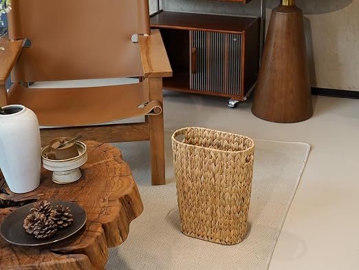 Coeusy Wicker Trash Can,Bathroom Trash Can,Water Hyacinth Wicker Waste Basket for Bathroom,Handwoven Narrow Small Waste Basket for Bedroom,Office,5 Gallon