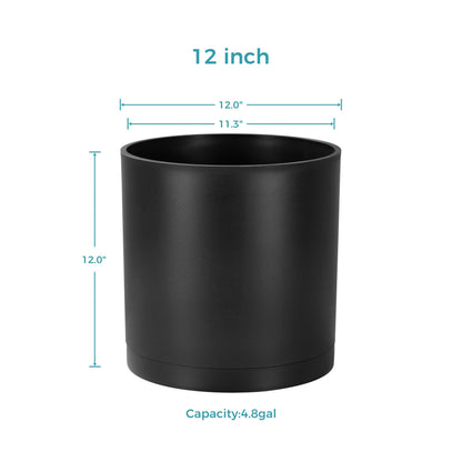 FaithLand 12-Inch Large Modern Cylinder Planter, Thick-Walled Plastic Plant Pot with Drainage Holes and Detachable Saucer, Matte Black, Ideal for Indoor & Outdoor Plants Flowers