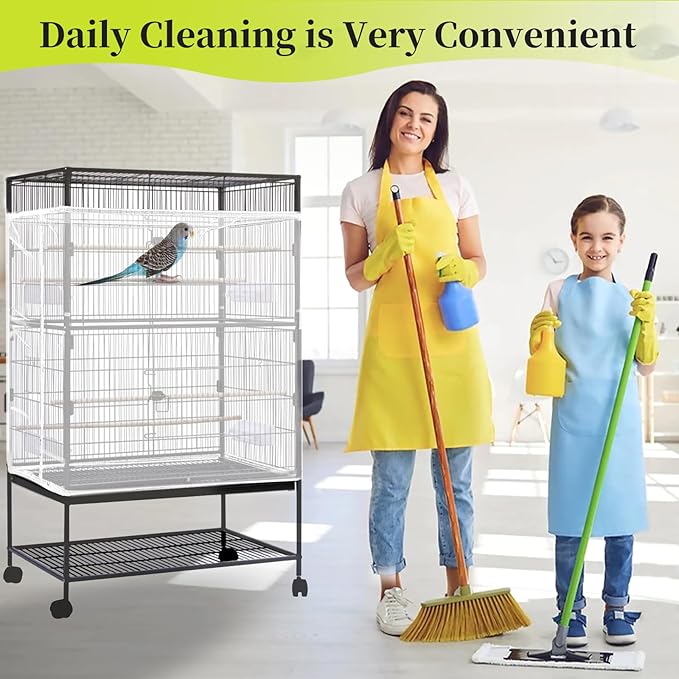 Daoeny 2PCS Bird Cage Seed Catcher, Large Bird Cage Cover, Adjustable Soft Airy Nylon Mesh, Birdcage Cover Skirt Seed Guard for Parrot Parakeet Macaw Round Square Cages (Black & White)