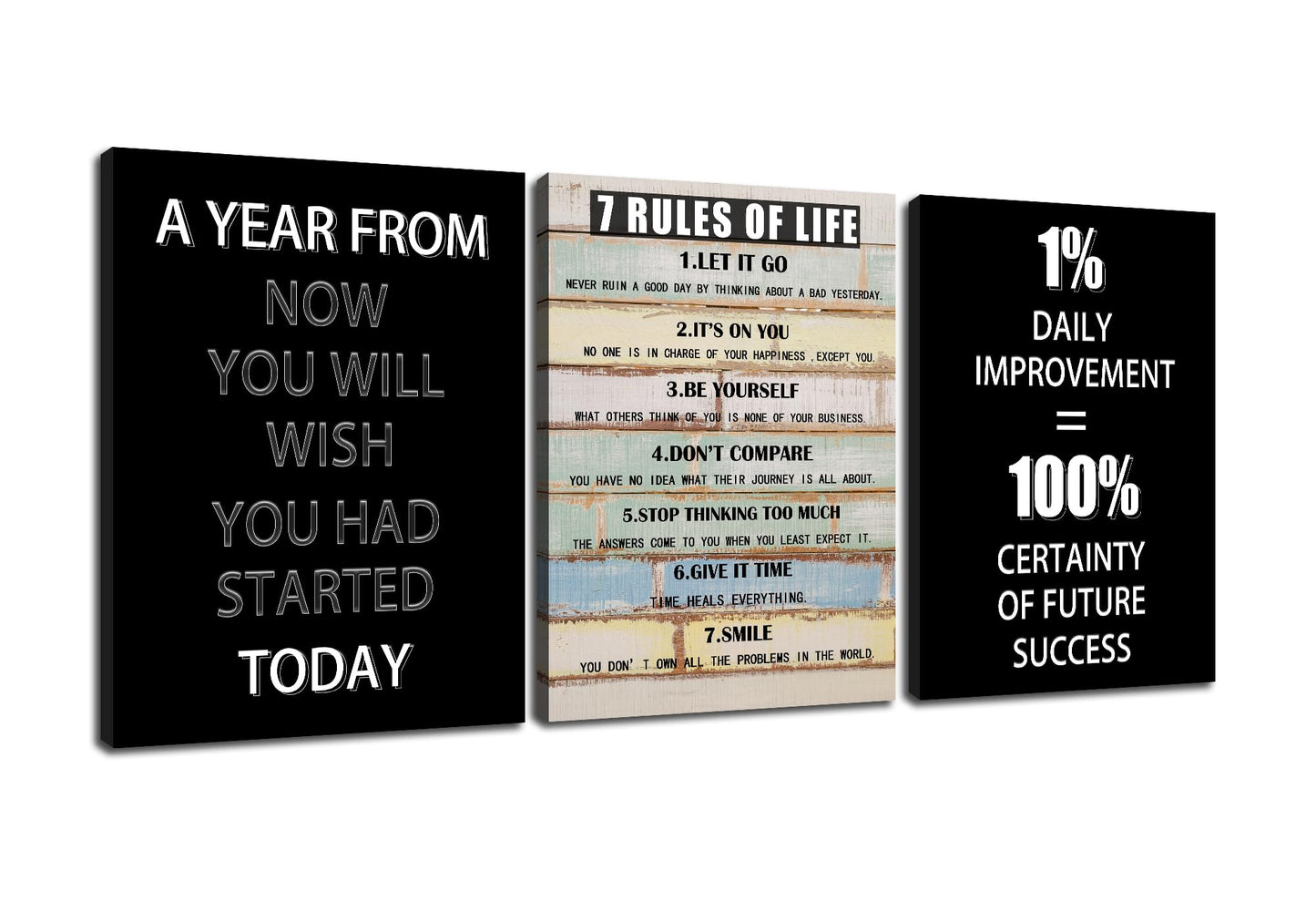 PSYYSP Motivational Wall Art 7 Rules of Life Canvas Print Framed Inspirational Quotes Poster for Office Home Gym Success Action Discipline Decor Modern Black White Artwork 36x16