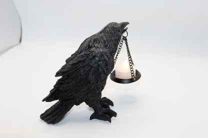 Gothic Crow Light Holder Halloween Candle Holder, Fake Raven Tealight Holder with Skull Base, Resin Statue for Indoor Spooky Home Decor