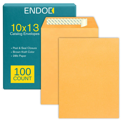 10x13 Brown Kraft Open End Envelopes Peel & Seal, 100 Pack, Self Seal Mailing Catalog Envelopes for Documents, Business and Home Shipping, 28lb Heavyweight Paper