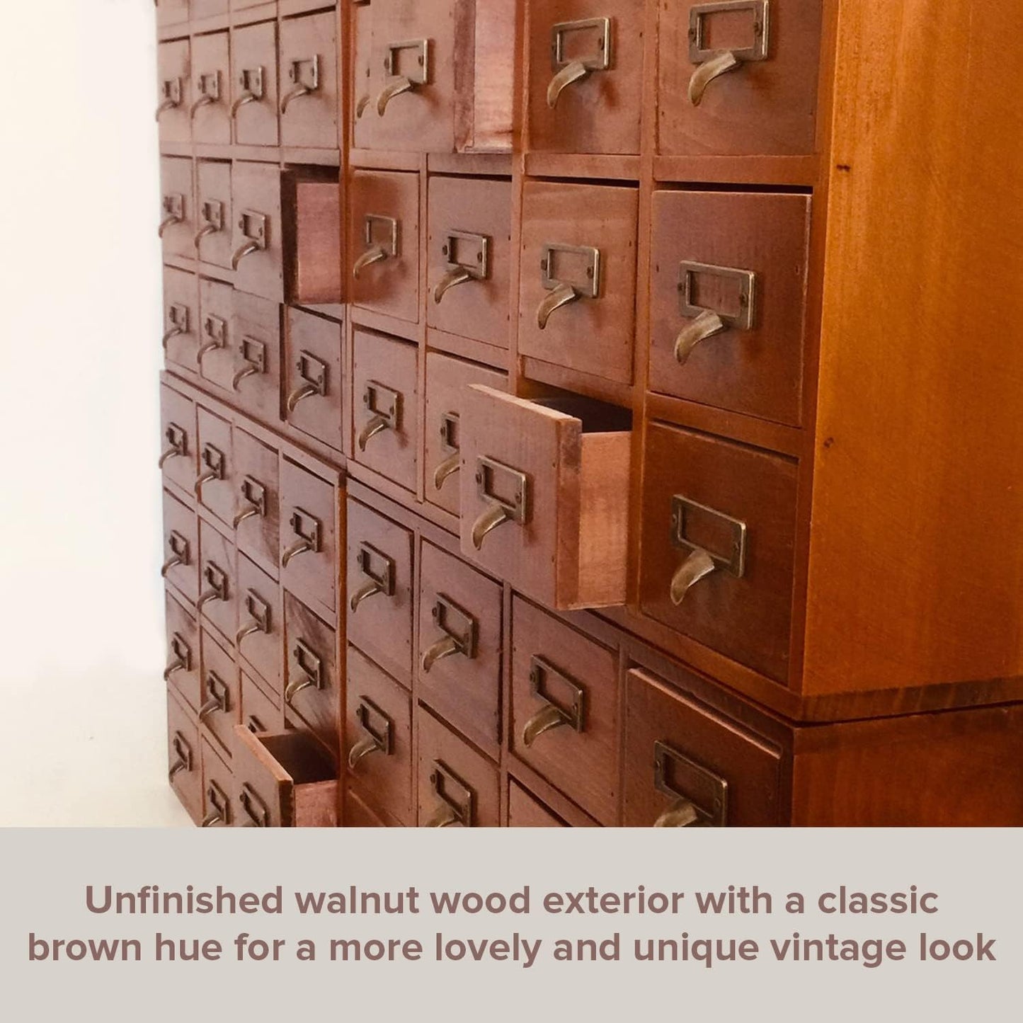 Huge 64-Drawer Wooden Storage Box Traditional Apothecary Curio Cabinet in Vintage Wood - Card Catalog Library Desk Drawer w/Label Holders Handles - Multi Level Countertop Arts and Craft Organizer