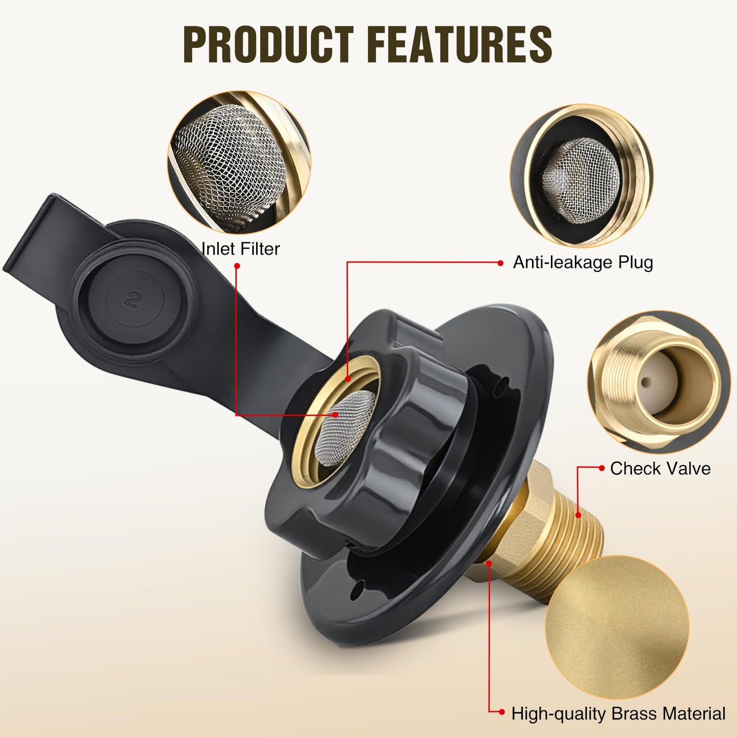 Nilight RV City Water Inlet with Check Valve 1/2" NPT Male to 3/4" GHT Female Brass City Water Fill Inlet Flange Connection Fittings for RV Camper Trailer Marine Hose Water Connector Replacement Black