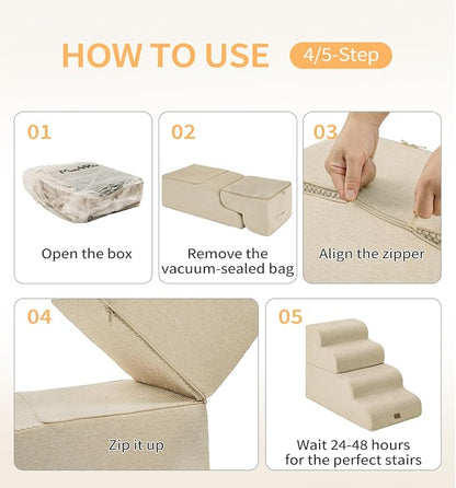 Made4Pets Dog Stairs Ramp for Bed 19.7" H, 4-Step Dog Steps for High Bed Couch Sofa Climbing, 35D Foam Pet Steps for Small Dogs and Cats, Non-Slip Bottom Pet Stairs, Beige